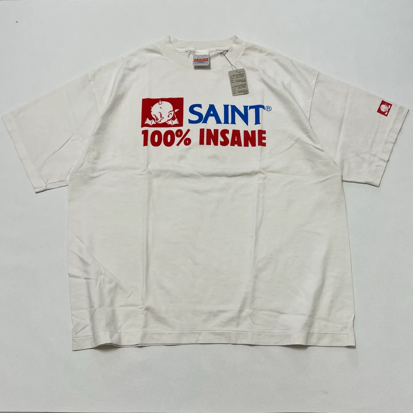 SAINT Mxxxxxx INSANE SS TEE/WHT Little Devil Angel TEE 100% INSANE slogan printed short sleeves off-white S-XL tube-woven fabric without side seams OE yarn original same weight correct version original main mark/wash mark/little angel security code original development no touch printing